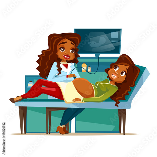 Pregnant woman on obstetric ultrasound vector cartoon illustration of pregnancy medical examination. Flat design of black woman doctor and patient on coach for prenatal ultrasonography diagnostic