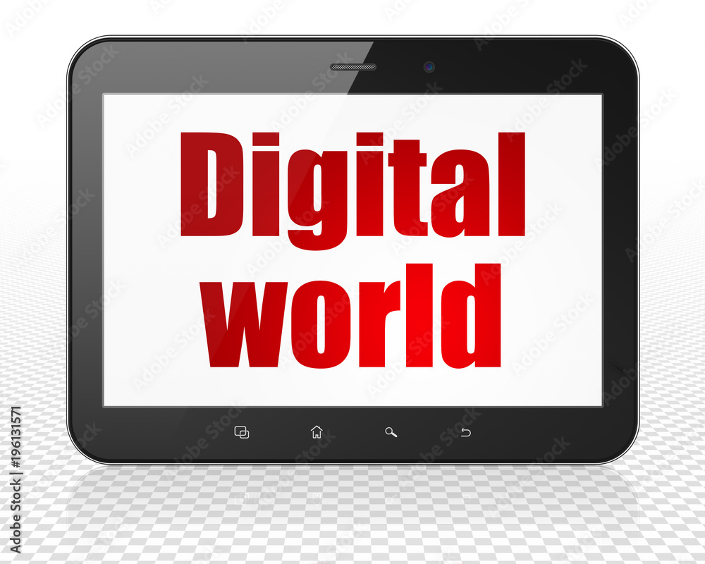 Information concept: Tablet Pc Computer with red text Digital World on display, 3D rendering Information concept: Tablet Pc Computer with red text Digital World on display, 3D rendering