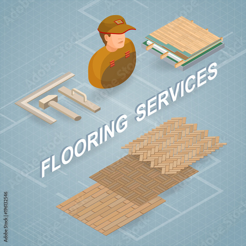 Building services. Isometric concept. Worker, equipment.