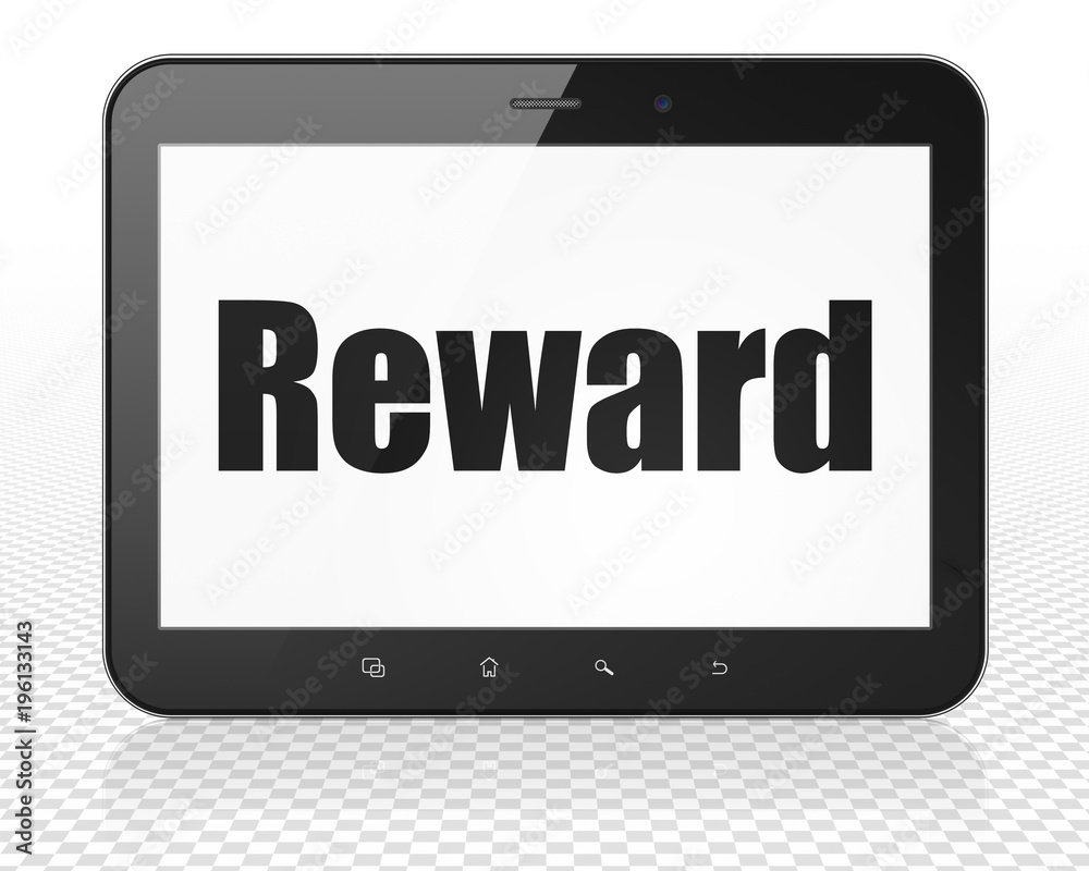 Finance concept: Tablet Pc Computer with black text Reward on display, 3D rendering Finance concept: Tablet Pc Computer with black text Reward on display, 3D rendering