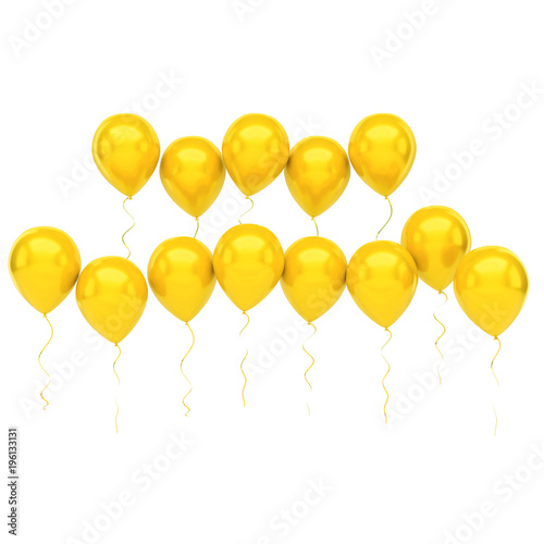 Yellow balloons arranged two row on the center with long golden ribbons isolated on white background. 3D illustration of holidays, party, birthday balloons