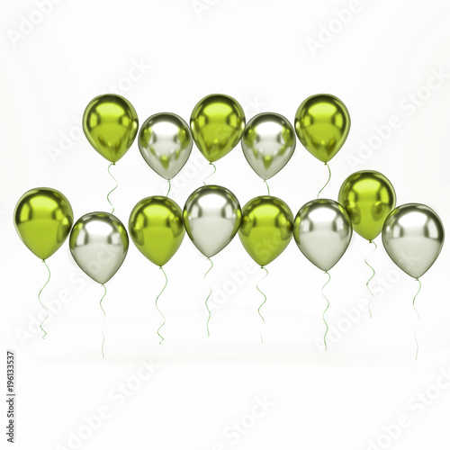 Yellow green and white metallic balloons arranged two row on the center with long golden ribbons isolated on white background. 3D illustration of holidays, party, birthday balloons