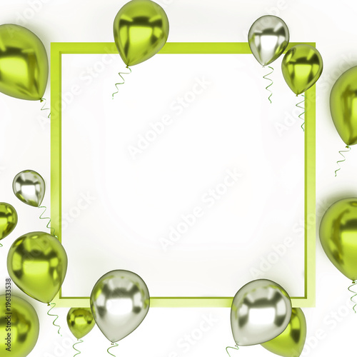 Yellow green and white metallic balloons with, Gold frame and with clear path on centre isolated on white background. 3D illustration of holidays, party, birthday balloons