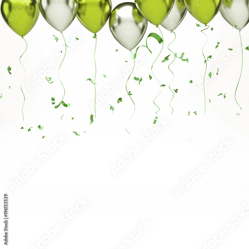 Yellow green and white metallic balloons on the upstairs with golden ribbons and gold confetti isolated on white background without shadows. 3D illustration of holidays, party, birthday balloons