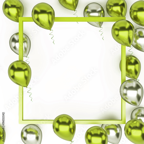 Yellow green and white metallic balloons with, golden ribbons with Gold frame and with clear path on centre isolated on white background. 3D illustration of holidays, party, birthday balloons