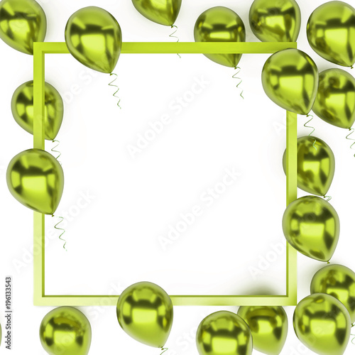 Yellow green metallic balloons with, Gold frame and with clear path on centre isolated on white background. 3D illustration of holidays, party, birthday balloons