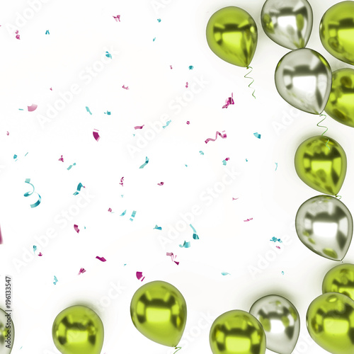 Yellow green and white metallic balloons with, golden ribbons with colorful confetti isolated on white background. 3D illustration of holidays, party, birthday balloons