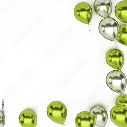 Yellow green and white metallic balloons with, golden ribbons and with clear path on center isolated on white background. 3D illustration of holidays, party, birthday balloons