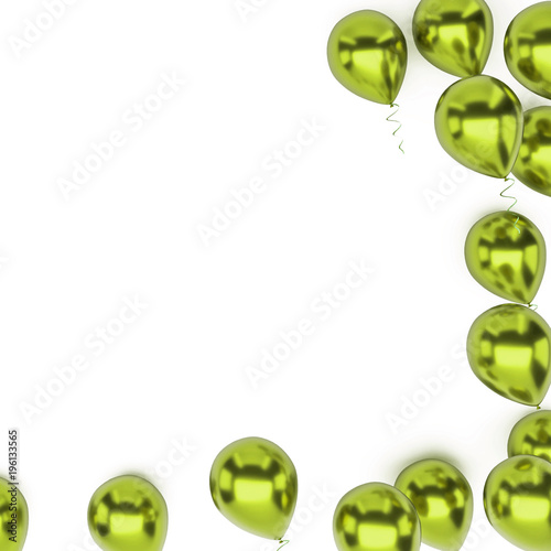 Yellow green metallic balloons with, golden ribbons and with clear path on center isolated on white background. 3D illustration of holidays, party, birthday balloons