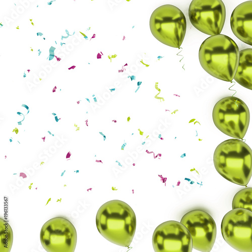 Yellow green metallic balloons with, golden ribbons and with colorfull confetti on center isolated on white background. 3D illustration of holidays, party, birthday balloons