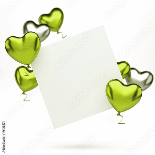 Yellow green and white metallic balloons in the shape of heart with white card isolated on white background. 3D illustration of holidays, party, birthday balloons