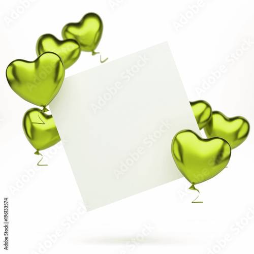 Yellow green metallic balloons in the shape of heart with white card isolated on white background. 3D illustration of holidays, party, birthday balloons