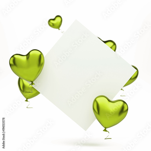 Yellow green metallic balloons in the shape of heart with white card on center isolated on white background. 3D illustration of holidays, party, birthday balloons