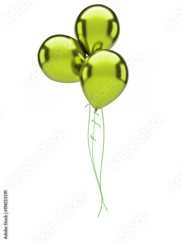 Yellow green metallic balloons isolated on white background. 3D illustration of celebration, party balloons
