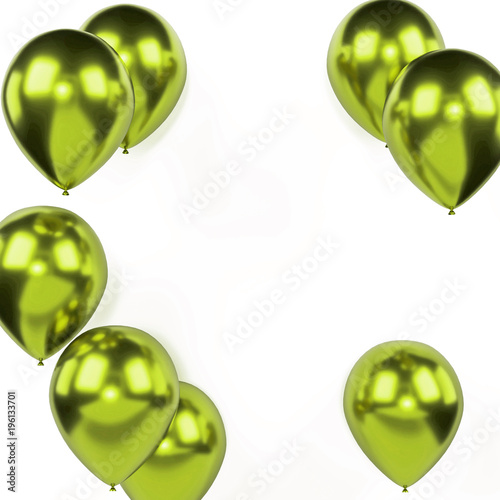 Yellow green metallic balloons on the upstairs with clear path on center isolated on white background. 3D illustration of beautiful, candy, glossy balloons