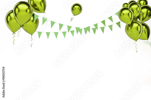 Yellow green metallic balloons with, gold flags on the upstairs without shadows isolated on white background. 3D illustration of celebration, party balloons