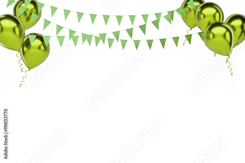 Yellow green metallic balloons with, gold flags on top right and left corner isolated on white background. 3D illustration of celebration, party balloons