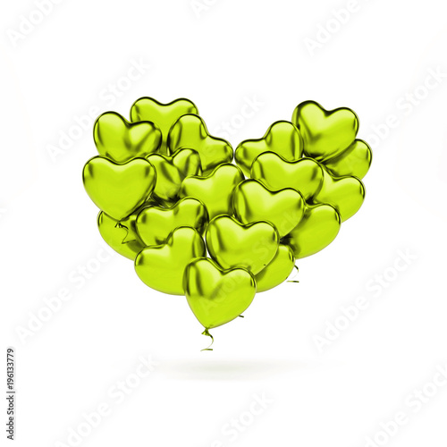 Yellow green metallic balloons in the shape of a heart isolated on white background. 3D illustration of celebration balloons