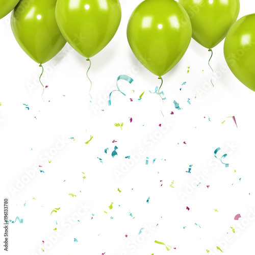 Yellow green balloons with, confetti on white background. 3D illustration of celebration balloons