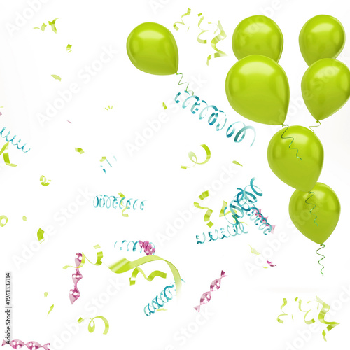 Yellow green balloons with, confetti on top right corner isolated on white background. 3D illustration of celebration balloons