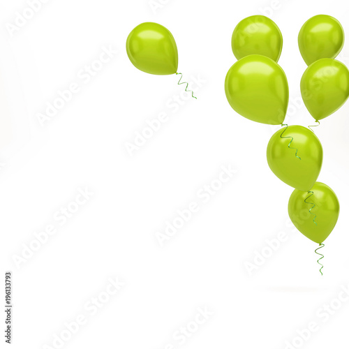 Yellow green balloons on top right corner isolated on white background. 3D illustration of celebration balloons