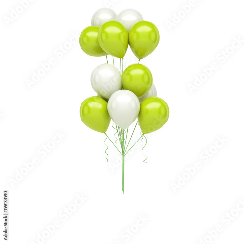 Yellow green and white balloons with, gold ribbons isolated on white background. 3D illustration of celebration, party balloons