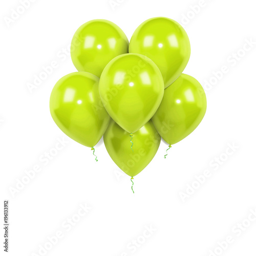 Yellow green bundle of balloons isolated on white background. 3D illustration of celebration, party balloons