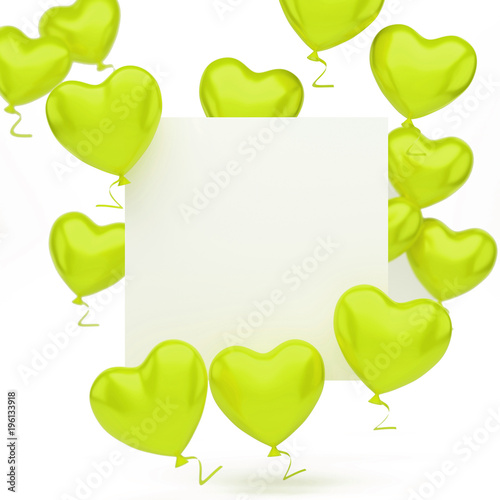 Yellow green balloons in the shape of heart with white card on center isolated on white background. 3D illustration of celebration, party balloons