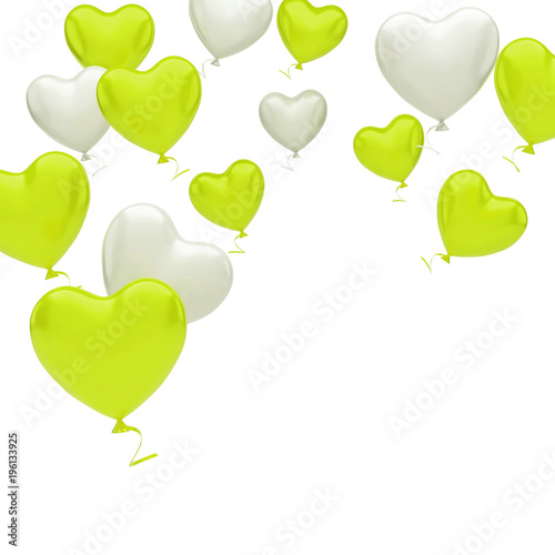 Yellow green and white balloons in the shape of heart isolated on white background. 3D illustration of celebration, party balloons