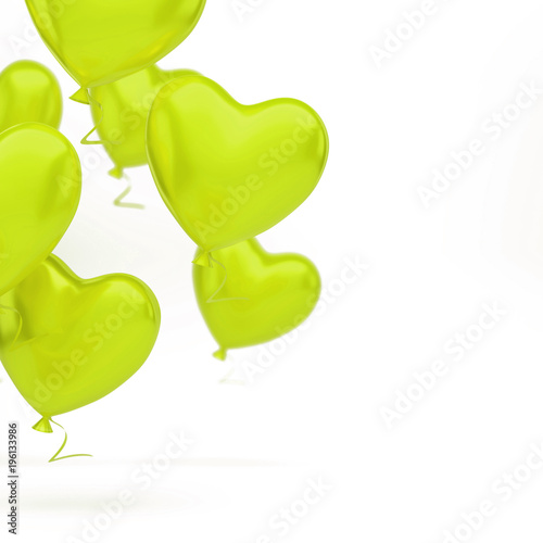 Yellow green balloons in the shape of heart on the left side isolated on white background. 3D illustration of birthday, holidays balloons