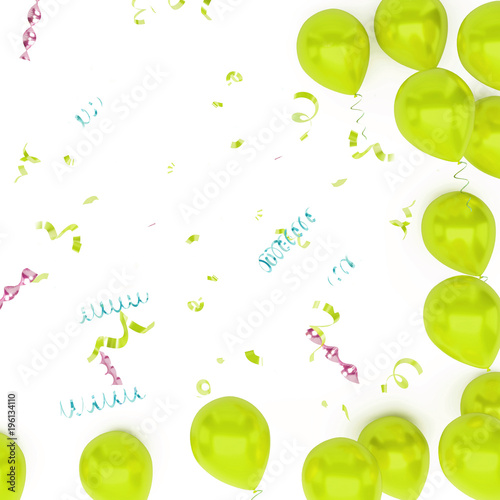Yellow green balloons with, golden ribbons and with colorfull confetti on center isolated on white background. 3D illustration of holidays, party, birthday balloons