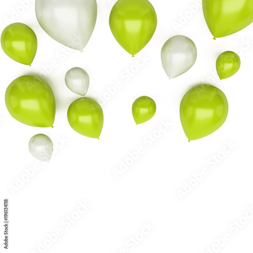 Yellow green and white balloons on upstairs with clear shadows isolated on white background. 3D illustration of holidays, party, birthday balloons