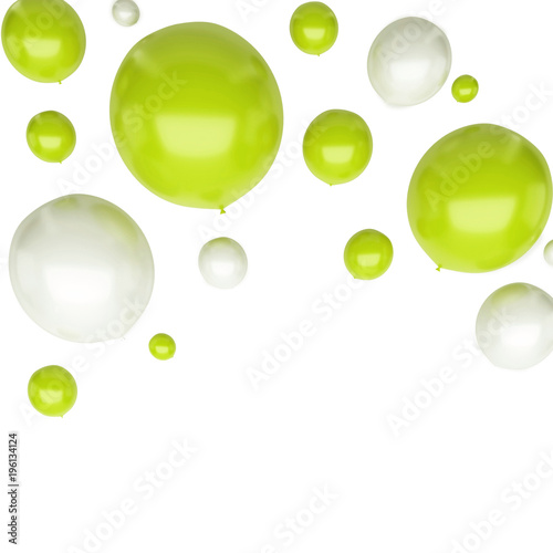Yellow green and white round balloons on upstairs isolated on white background. 3D illustration of holidays, party, birthday balloons