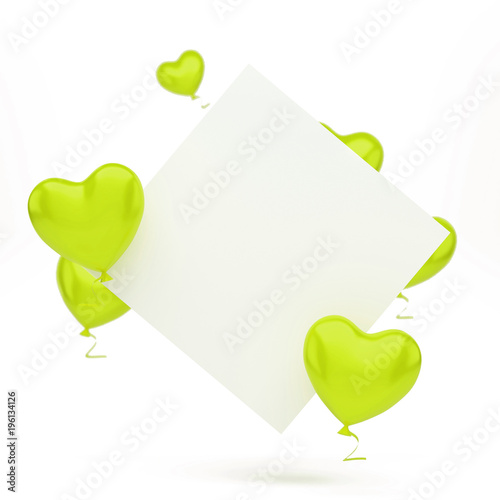 Yellow green balloons in the shape of heart with white card on center isolated on white background. 3D illustration of holidays, party, birthday balloons