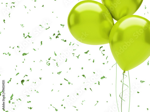 Yellow green balloons on the top right corner with golden ribbons with gold confetti isolated on white background. Close-up 3D illustration of holidays, party, birthday balloons