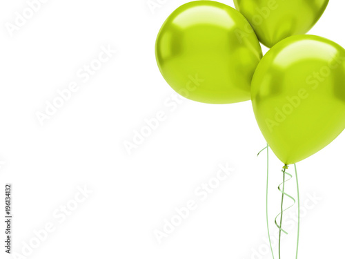 Yellow green balloons on the top right corner with golden ribbons isolated on white background. Close-up 3D illustration of holidays, party, birthday balloons