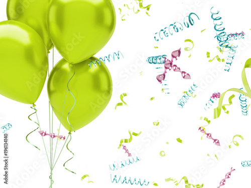 Yellow green balloons on the top left corner with golden ribbons and with colorful confetti isolated on white background. Close-up 3D illustration of holidays, party, birthday balloons