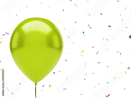 Yellow green balloon on the top left corner with colorful confetti isolated on white background. Close-up 3D illustration of beautiful, candy, glossy balloons