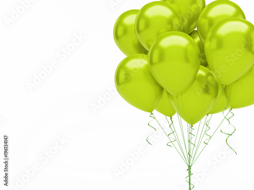 Yellow green balloons on the top right corner with golden ribbons isolated on white background. Close-up 3D illustration of beautiful, candy, glossy balloons