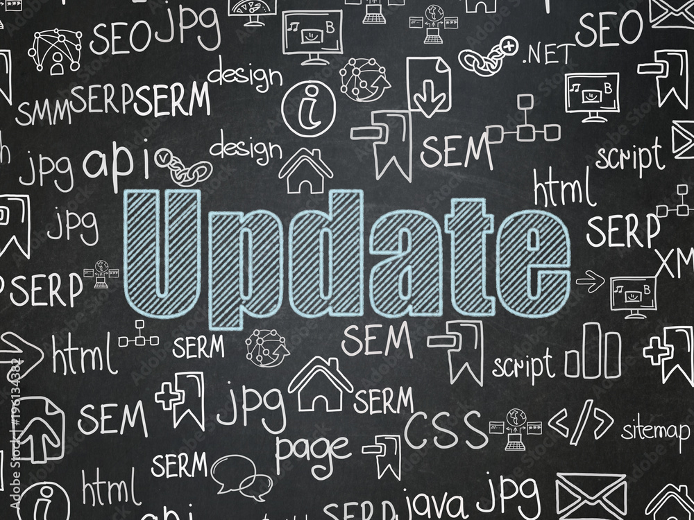 Web development concept: Chalk Blue text Update on School board background with Hand Drawn Site Development Icons, School Board Web development concept: Chalk Blue text Update on School board background with Hand Drawn Site Development Icons, School Board