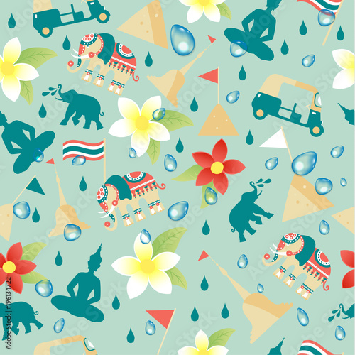 Songkran Festival in Thailand of April in seamless patter on blue tropical background. Vector illustration.