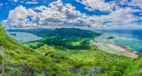 Aerial view of Mauritius islands with Le Morne Brabant mountain, Africa