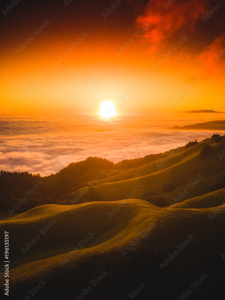 bright airiel orange sunset at mount tam