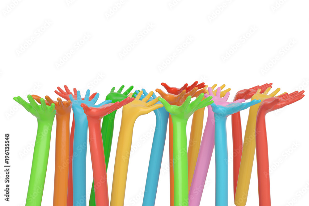 Colorful hands on white background. 3D illustration.