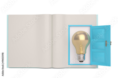 Idea light bulb and book on white background. 3D illustration.