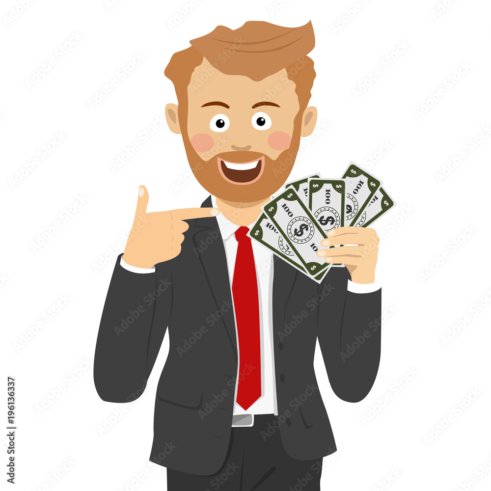 Happy business man pointing to a fan of dollar bills Happy business man pointing to a fan of dollar bills