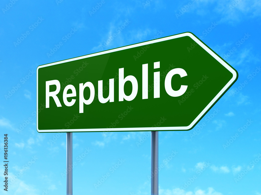 Politics concept: Republic on green road highway sign, clear blue sky background, 3D rendering Politics concept: Republic on green road highway sign, clear blue sky background, 3D rendering