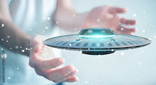 Fototapeta Naklejka Na Ścianę i Meble -  Businessman with retro UFO spaceship 3D rendering
