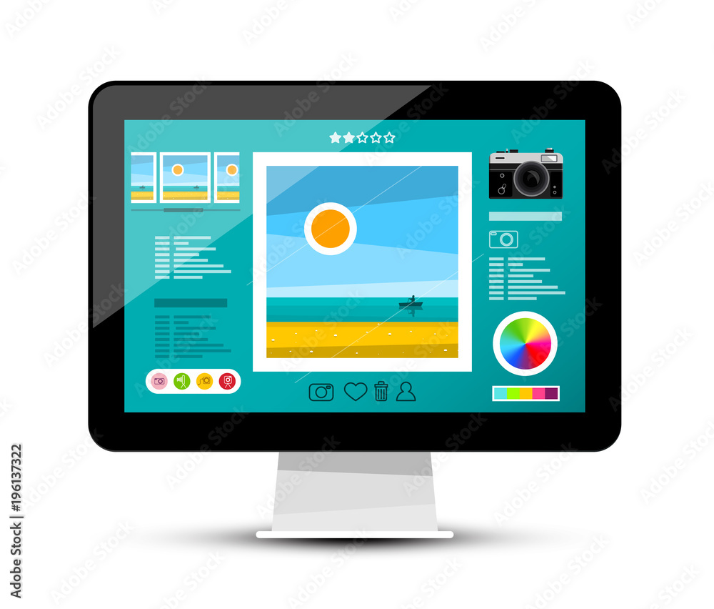 Web Gallery on Screen. Photo Editing Software on Computer Monitor. Vector Photography Page Design. Web Gallery on Screen. Photo Editing Software on Computer Monitor. Vector Photography Page Design.