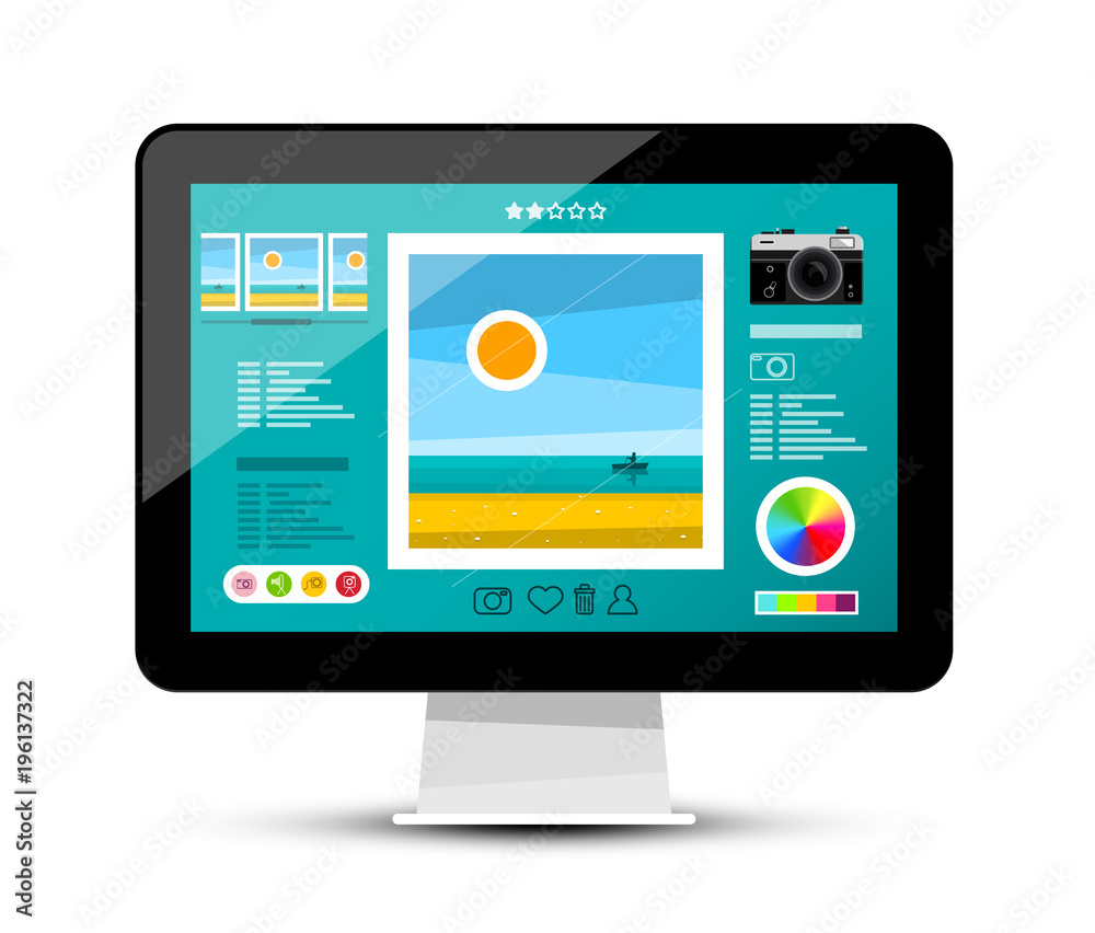 Web Gallery on Screen. Photo Editing Software on Computer Monitor. Vector Photography Page Design.